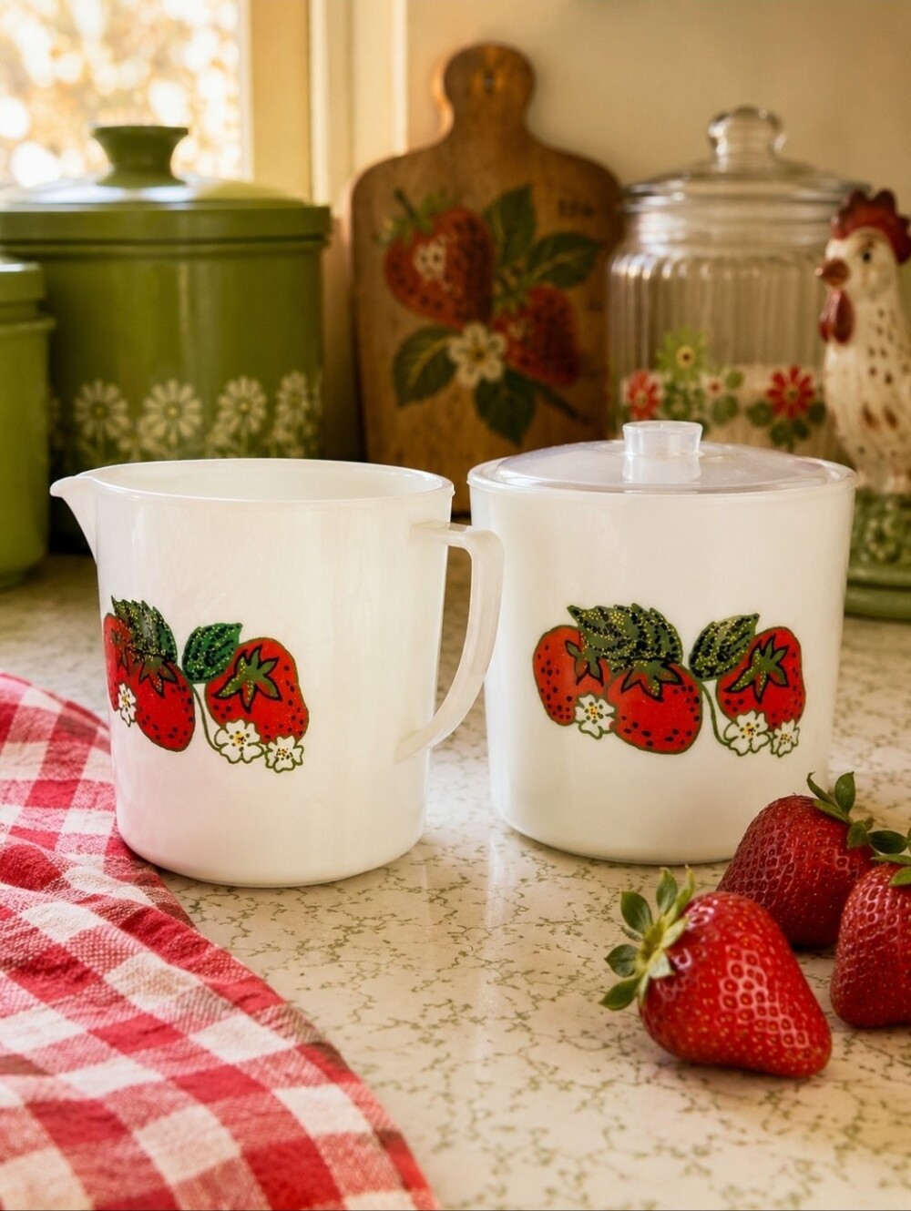 Vintage Sterilite Strawberry Sugar Creamer Set NOS Retro Kitchen USA